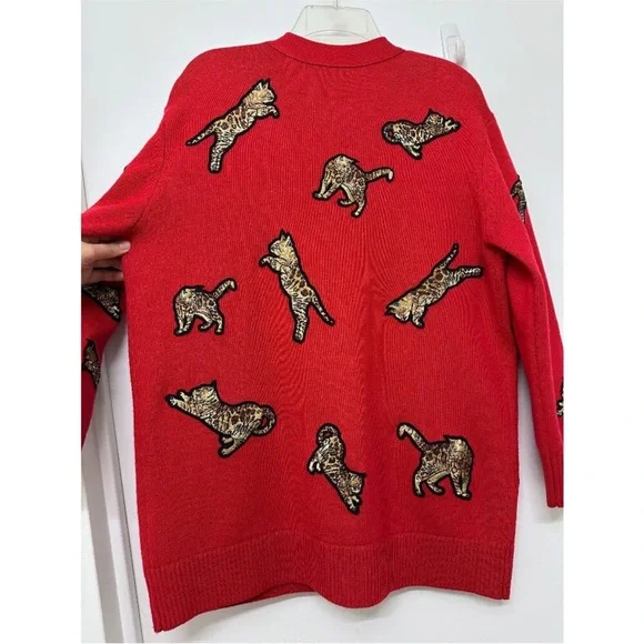Alice + Olivia Red Bengal Cat Embroidered Grandpa Cardigan – Wool Blend, Size M - Picture 11 of 15